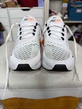 Nike White Air Max 270s Sneakers with Orange Accents
